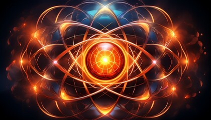 stylized atom graphic fiery plasma surrounds the bright orange atom symbol