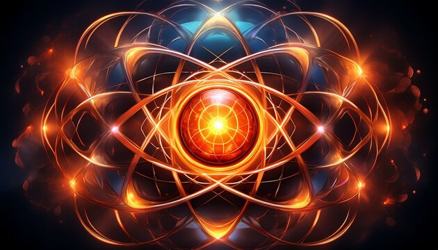 stylized atom graphic fiery plasma surrounds the bright orange atom symbol