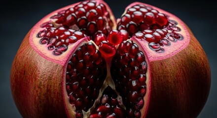 Close-up shot of a pomegranate cut open, revealing the juicy red seeds inside.