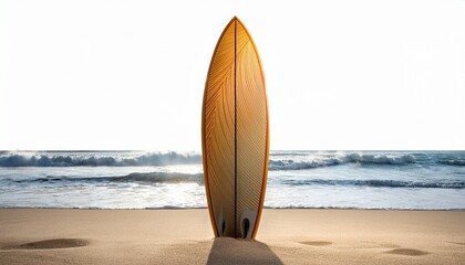tropical surfboard upright on beach sand isolated on white background