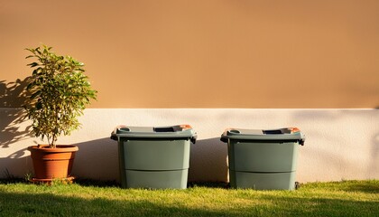 two empty wheeled bins sit on a grassy lawn next to a light colored wall in the warm afternoon sun a potted plant is visible in the foreground