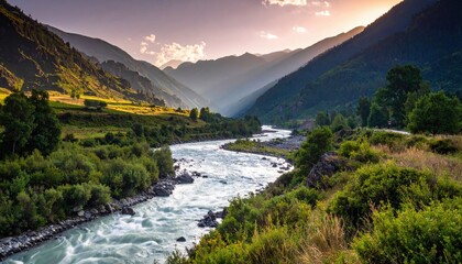 A scenic landscape featuring a river winding through lush green mountains under a sunset sky. The image captures the beauty of nature.