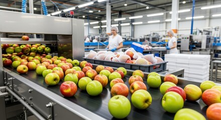 Apples move along a conveyor belt in a food processing facility, with workers in the background.