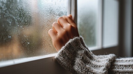 Obraz premium Hand in wool sweater touching a foggy window indoors, checking window insulation in cold weather