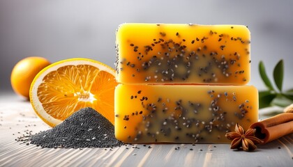 yellow artisanal handmade soap bar with poppy seeds and orange peel natural body care product organic bathroom cosmetic for hygiene