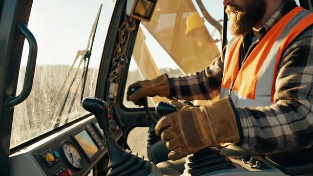 Close-up of a Construction Worker's Hands Operating Excavator Controls in the Cab