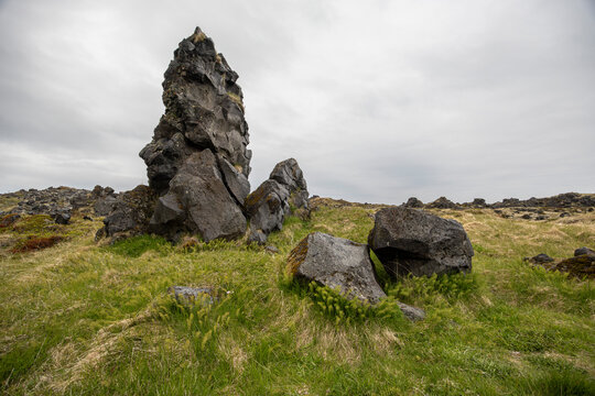 basalt rock formation on the ancient lava field along the hiking trail of Hellnar, Sn&aelig;fellsnes Peninsula, Iceland