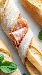 Overhead shot of a salami sandwich made with baguette bread, with fresh basil leaves on a light gray surface.