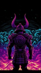 Illustration of a samurai warrior standing, back to the viewer, in a colorful fantasy landscape under a starry night sky.