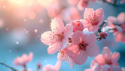 Close-up of pink cherry blossom flowers covered in snow, with a soft, dreamy, and sunlit background.
