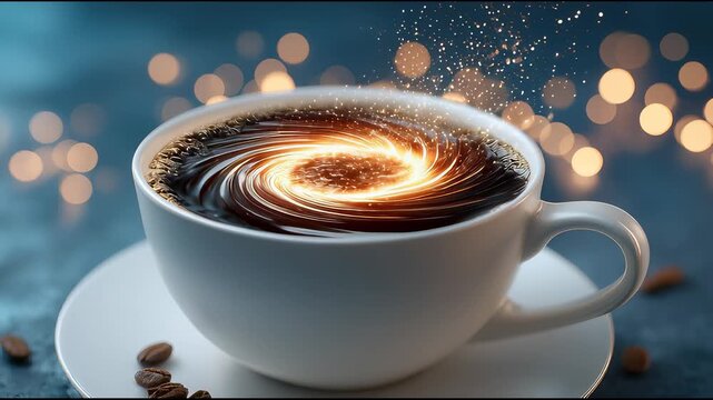 Cinematic Close Up of Magical Swirling Coffee Vortex with Golden Glow and Sparkling Particles in White Cup