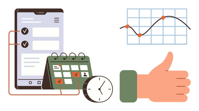 Mobile device displaying a checklist, desk calendar with marked dates, clock, chart with data points, and a thumbs-up gesture. Ideal for productivity, planning, task management, performance