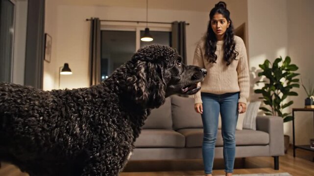 A black, snarling dog with bared teeth faces a startled woman indoors. Warm tones and cozy living room