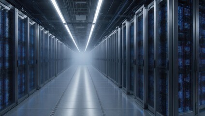 Fototapeta premium Futuristic Server Room Corridor with Glowing Lights and Data Racks.
