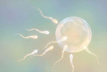 Sperm cells are approaching and reaching a human egg cell, depicting the biological process of fertilization, reproduction, and the beginning of new life with assisted reproductive technology