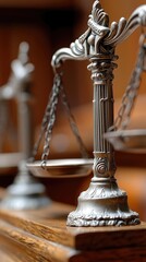 Close-up of a decorative silver scales of justice sitting on a wooden surface, with warm lighting and a shallow depth of field.