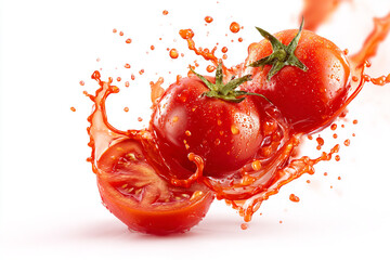 Ripe tomatoes splash into vibrant red juice creating dynamic liquid droplets and splashes on a clean white background