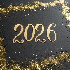 2026 text surrounded by gold glitter dust on matte surface