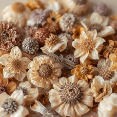 Close up of dried flowers and botanical elements in warm earthy tones