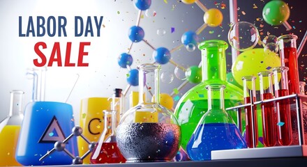 A vibrant Labor Day sale advertisement displaying colorful liquids in beakers and flasks, set against a backdrop of scientific molecular models, confetti, and bubbles.