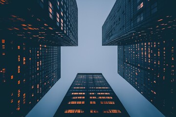 Three skyscrapers from bottom looking up with one building in focus and two buildings on either side, clear blue sky with orange light from windows
