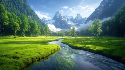 A beautiful landscape featuring a river flowing through a green meadow with trees and mountains in the background. The scene is bathed in sunlight.