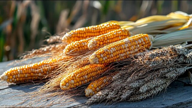 Harvested ears of corn rest alongside bundles of dried wheat on a weathered wooden surface, natural sunlight