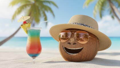A smiling coconut wearing sunglasses and a hat, with a colorful cocktail on a beach.