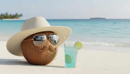 A whimsical coconut character wearing sunglasses and a hat, enjoying a refreshing drink on a beach.