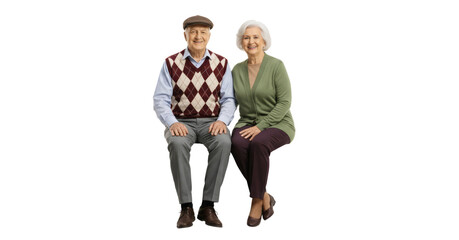 Cheerful mature couple sitting, wearing casual attire, smiling with an isolated clean background