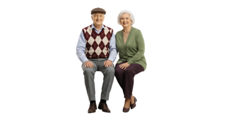 Cheerful mature couple sitting, wearing casual attire, smiling with an isolated clean background