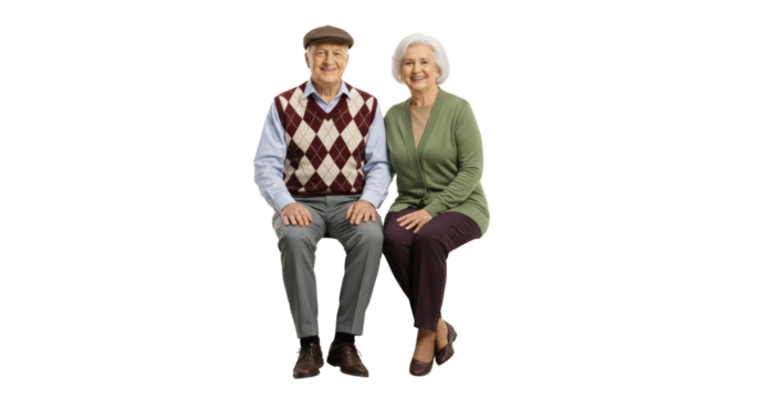 Cheerful mature couple sitting, wearing casual attire, smiling with an isolated clean background