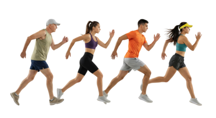 Diverse group of athletic individuals in motion against an isolated transparent field running