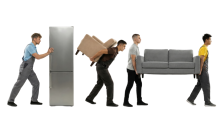 Team of professional movers transporting furniture and appliance on transparent background