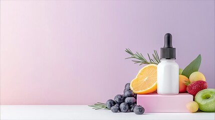 A white serum bottle is surrounded by fresh fruits like oranges, blueberries, strawberries, and apples, arranged on a pink pedestal against a gradient backgroun