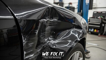 Damaged black car fender with visible dents and scratches, requiring professional repair.