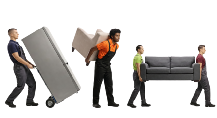 Professional movers carrying furniture pieces isolated on a transparent background