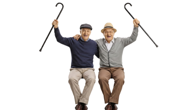 Two Senior Men Cheering With Walking Canes, Celebrating Friendship and Accomplishments on an