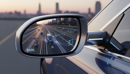 A close-up view of a car's side mirror, reflecting a highway with autonomous vehicles and cityscape.
