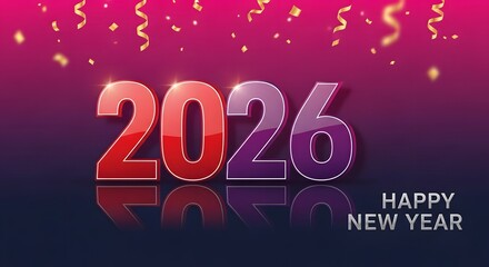 Bold metallic numerals representing the year 2026 are illuminated against a vibrant gradient background, sprinkled with shimmering gold confetti, signifying a joyous New Year celebration.