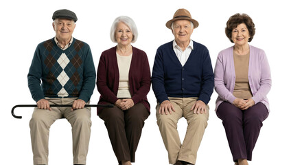Group portrait of four smiling mature adults seated on a transparent background