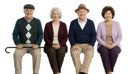 Group portrait of four smiling mature adults seated on a transparent background