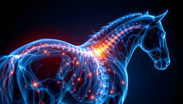 horse spine glowing at compressed nerves, representing equine neurological disorder.
