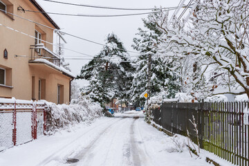 A narrow residential road is blanketed in fresh snow, framed by trees, houses, and fences. Tire marks trace the path, capturing quiet suburb life, winter atmosphere, and seasonal weather conditions.