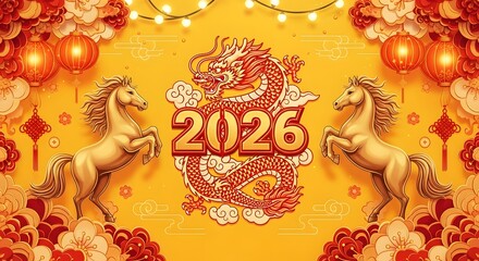 A vibrant gold backdrop sets the scene for a Chinese New Year celebration, featuring two majestic golden horses rearing up. A stylized red dragon design and the year 2026 are prominent.