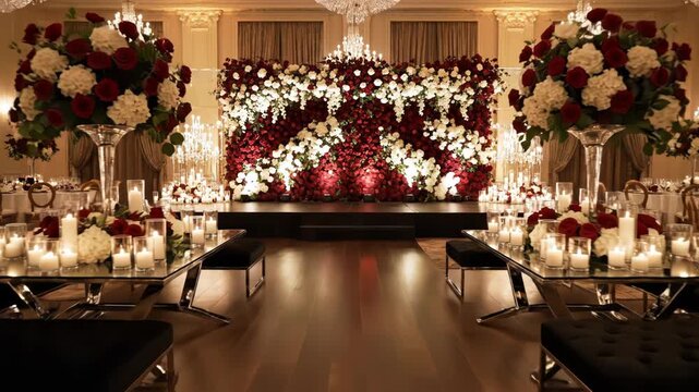 Luxurious ballroom decorated for an elegant event with a dramatic red and white floral wall, crystal chandeliers, and formal dining setup