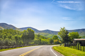 Wintrergreen resort, Virginia Beach Grove road in Nelson county in summer by Roseland countryside town by highway, Blue ridge mountains