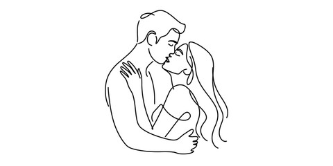 A minimal line art illustration depicting a loving couple sharing an intimate kiss, symbolizing romance, affection, and emotional connection. Vector, illustration