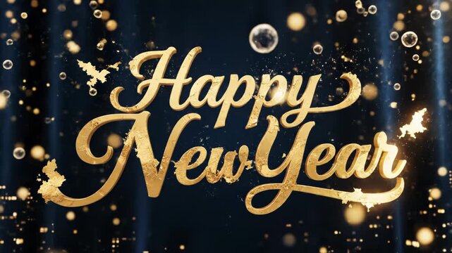 Close up of glowing golden 3d text saying happy new year with a dark blue background and sparkling light effect
