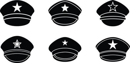 Collection of Officer Hat and Cap Illustrations with Star Badge.